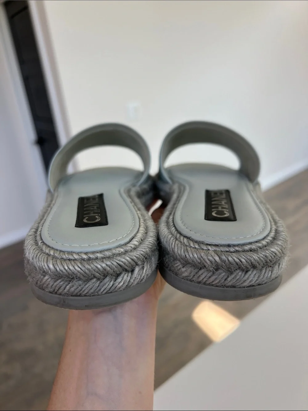 CHANEL light blue leather open toe flat CC sandals espadrilles braided jute 40C